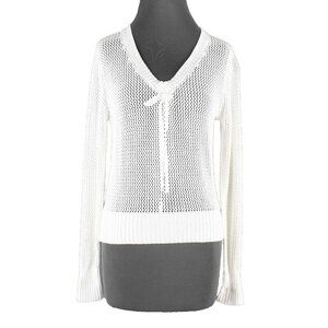 Bright & Beautiful Sz M White Open Knit V Neck 100% Cotton Sweater Top